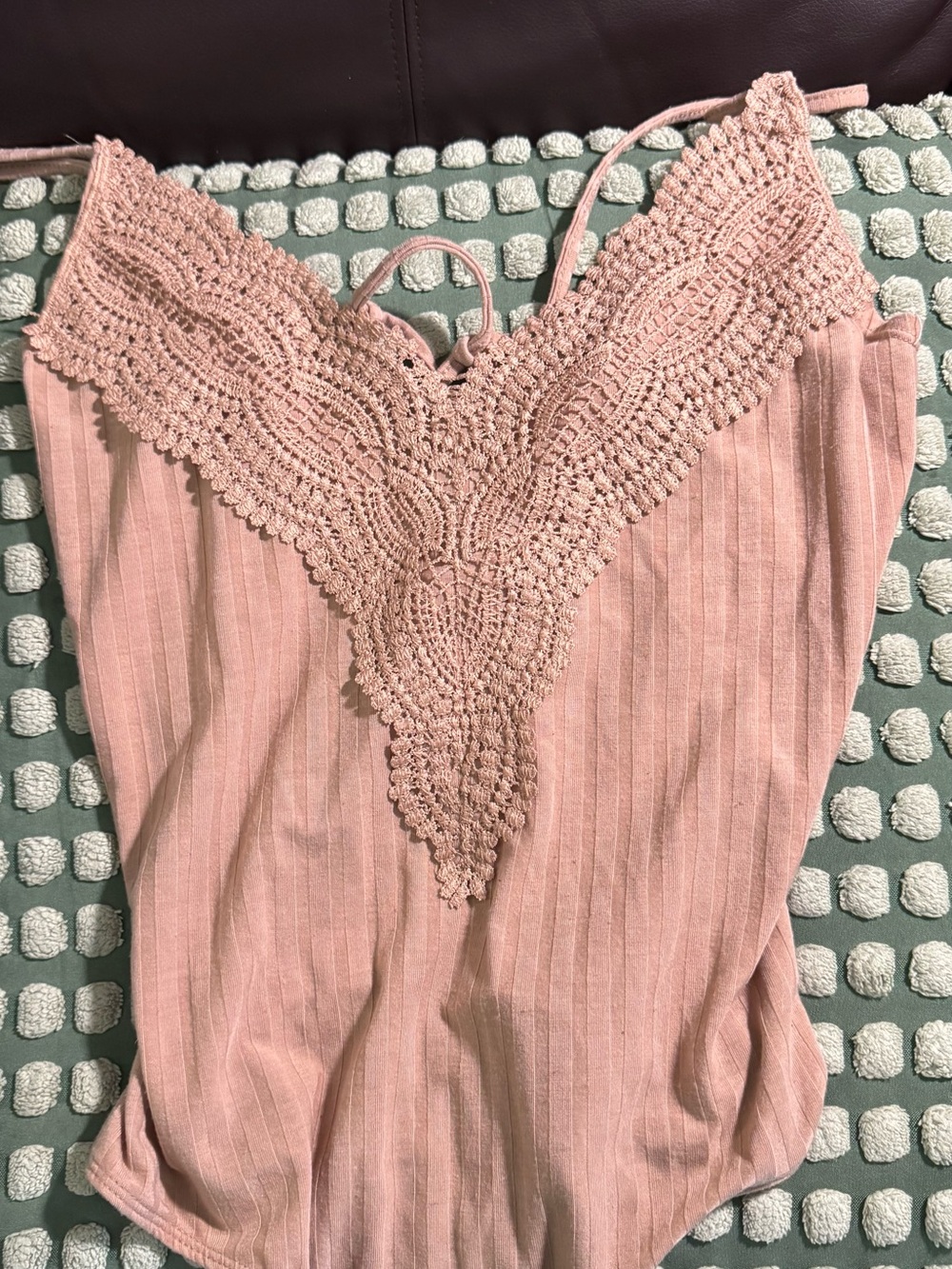 Women's beige  Crochet V-Neck Ribbed Bodysuit